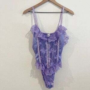 Vintage Lingere Women Purple Medium Lace Floral Teddy Bodysuit Romantic Feminine